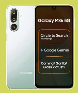 Samsung Galaxy M36 5G rear and front pic showing sleek design and AMOLD display