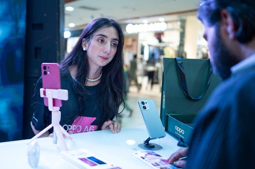 Woman at smartphone demo counter engages with salesperson in Islamabad retail setting.